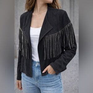 Zara Black Suede Fringe Rhinestone Jacket | Western Chic | Size M | NWOT